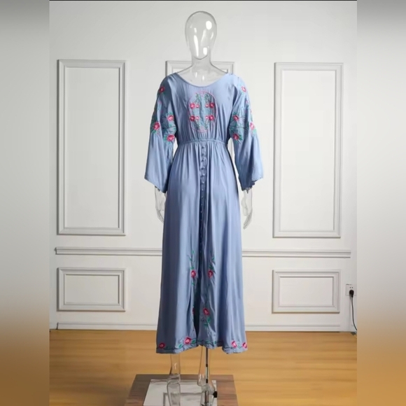 Floral Embroidered Blue Maxi Dress- Reversible - Picture 6 of 16